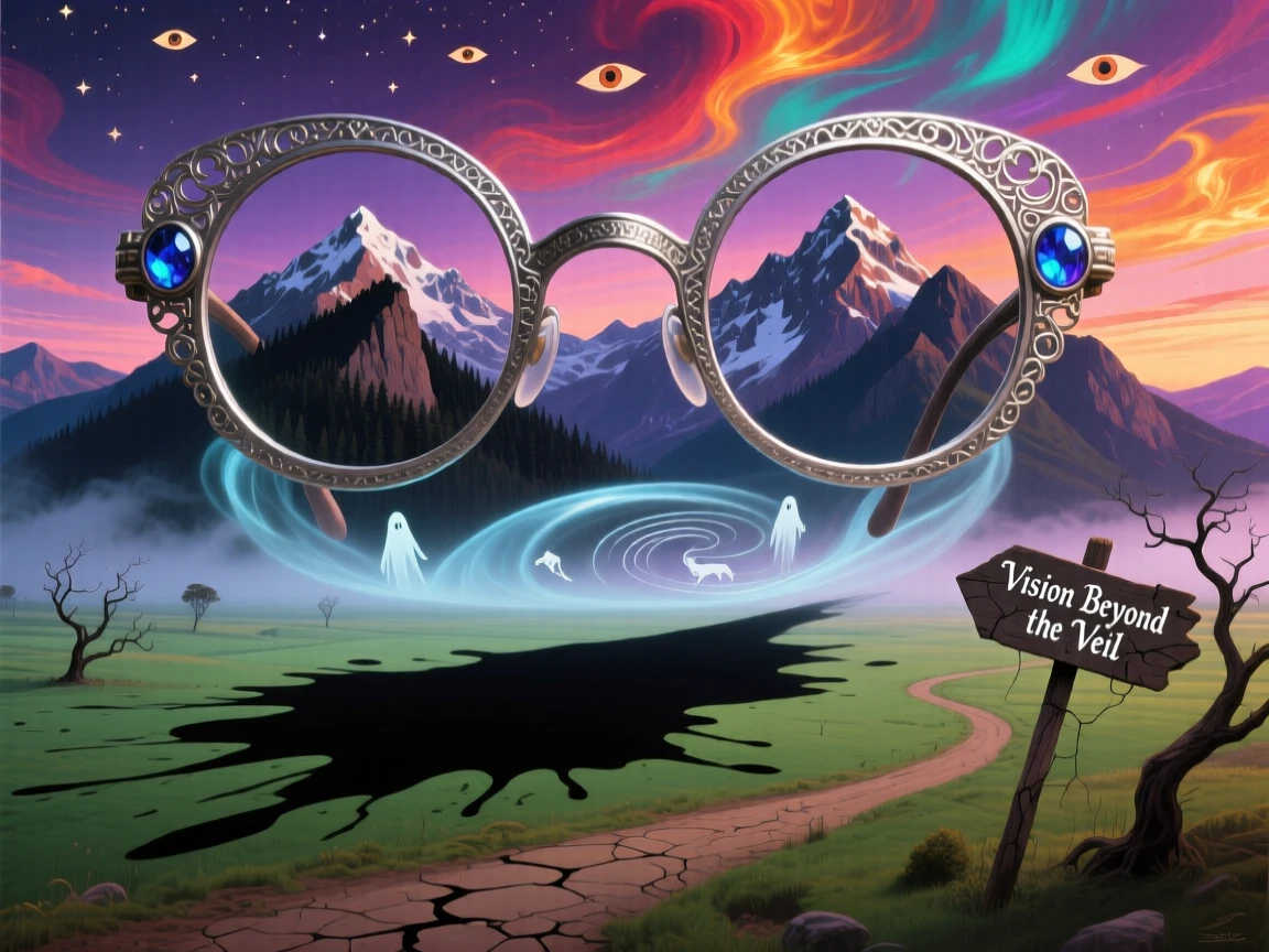 A colossal pair of spectacles framing a distant mountain range casts a long shadow across the empty countryside at dusk, as a soft mist curls around its enormous base.