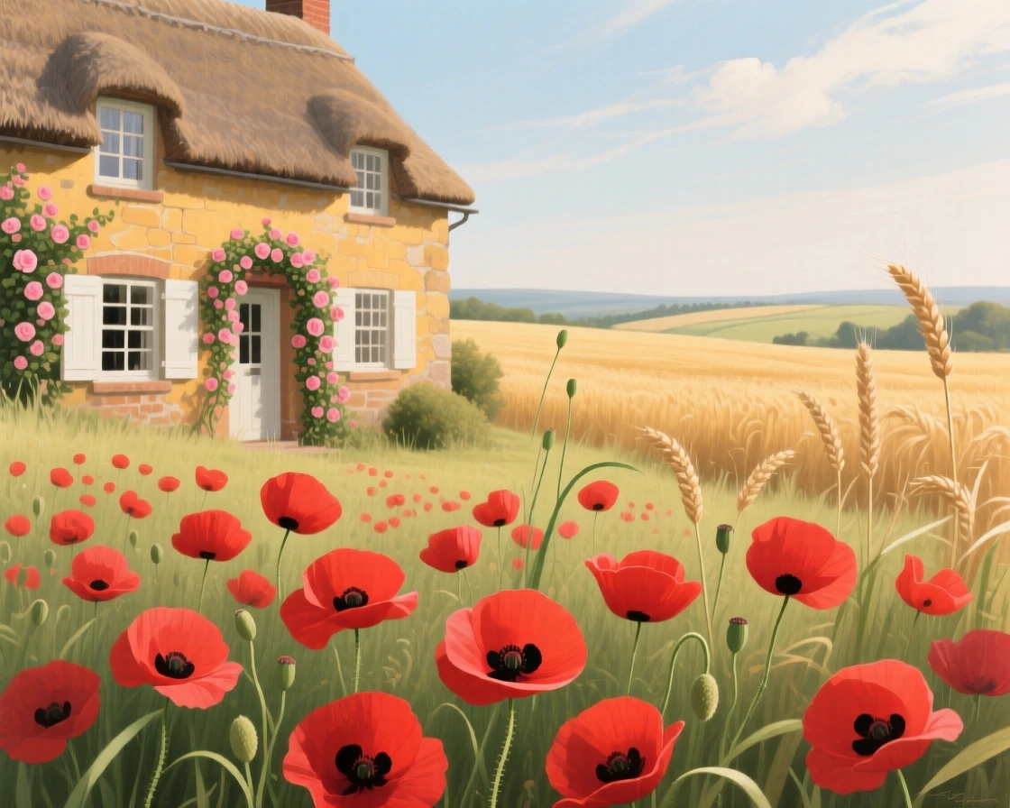 A wild meadow of poppies ripples in the wind beneath a cottage in the English countryside, red petals contrasting against a backdrop of golden wheat fields, small ripples or movement in the foreground giving the otherwise still setting a sense of quiet life.
