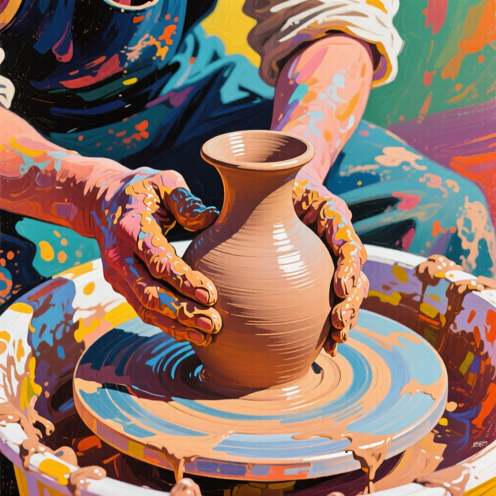 A potter shaping wet clay on a spinning wheel, hands guiding it into a graceful curved vase