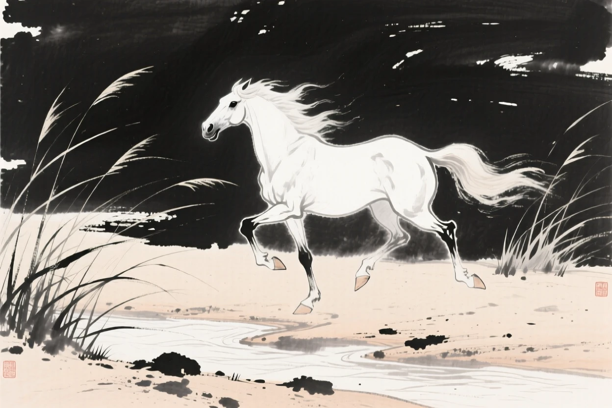 A single white horse runs along a sandy riverbank, with wind bending the tall grass around them.