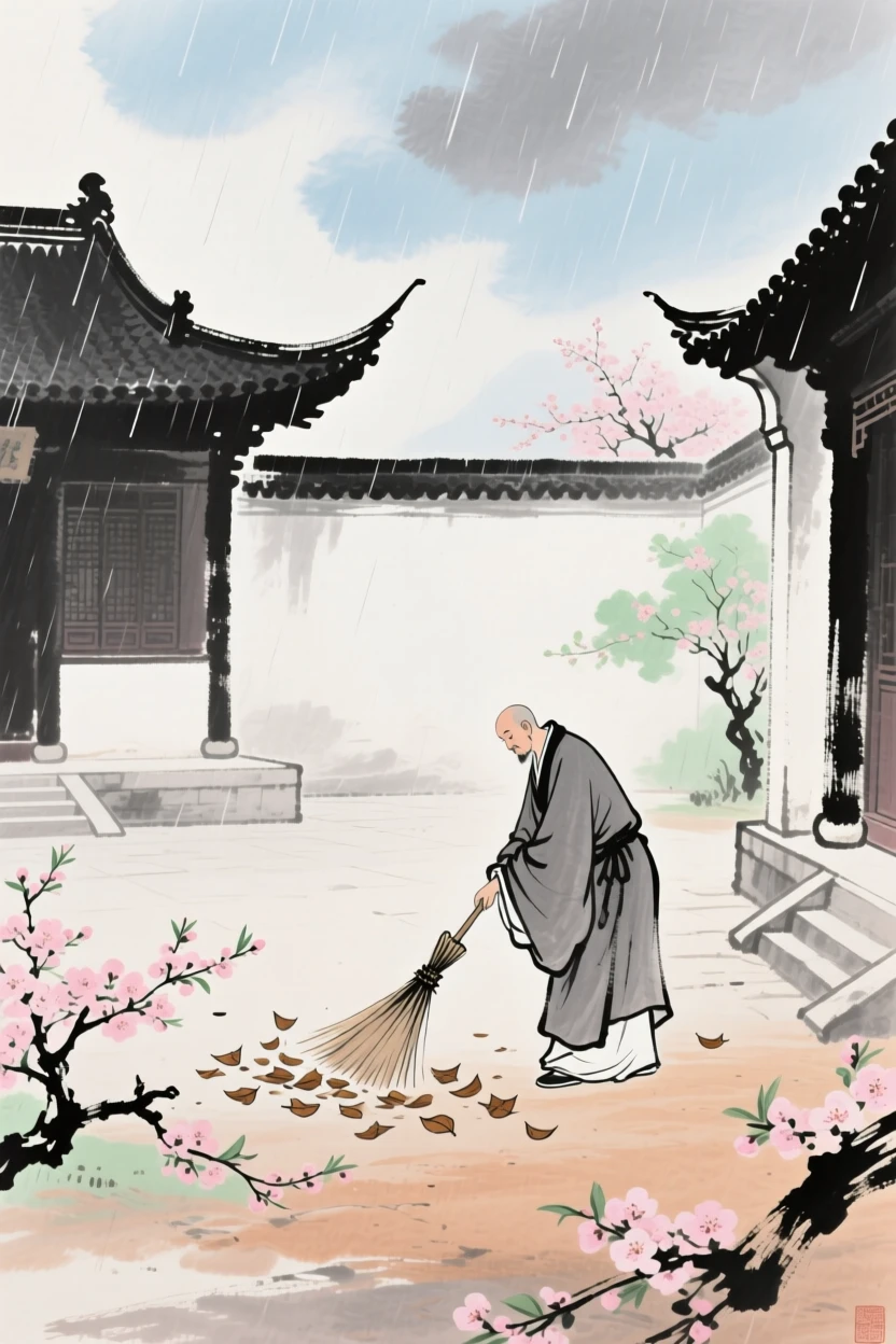 A monk sweeping fallen leaves from a temple courtyard, beneath a sky washed clean by rain, brimming with peaceful contentment, as spring blossoms unfold.