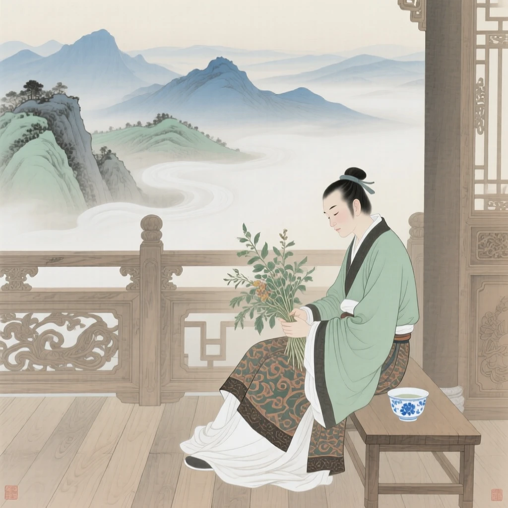A young herbalist resting after a long day's journey on a terrace overlooking misty mountains
