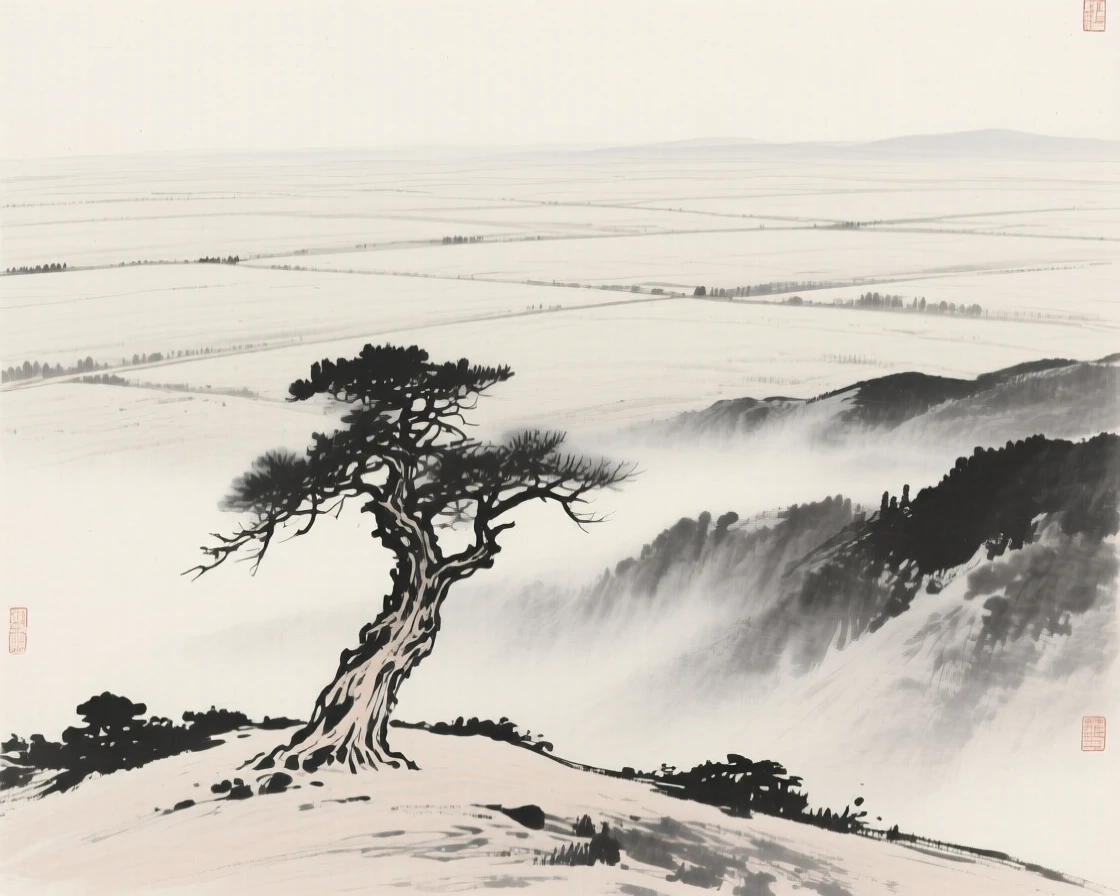 A vast open plain with a single ancient tree standing alone as thin mist rolls slowly through the lower valley, viewed from a high vantage point looking down across the whole scene, capturing a fleeting, serene moment suspended in time.