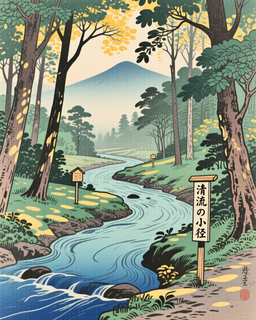 A winding forest stream, with sunlight filtering through the canopy.