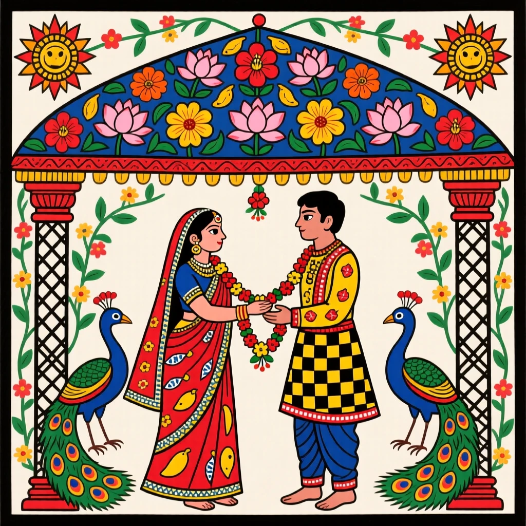 A bride and groom exchanging garlands beneath a flower-decorated canopy.