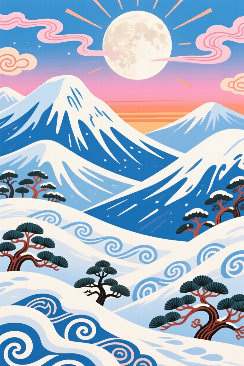 A sweeping view of a snow-capped mountain range at dawn beneath a full moon.