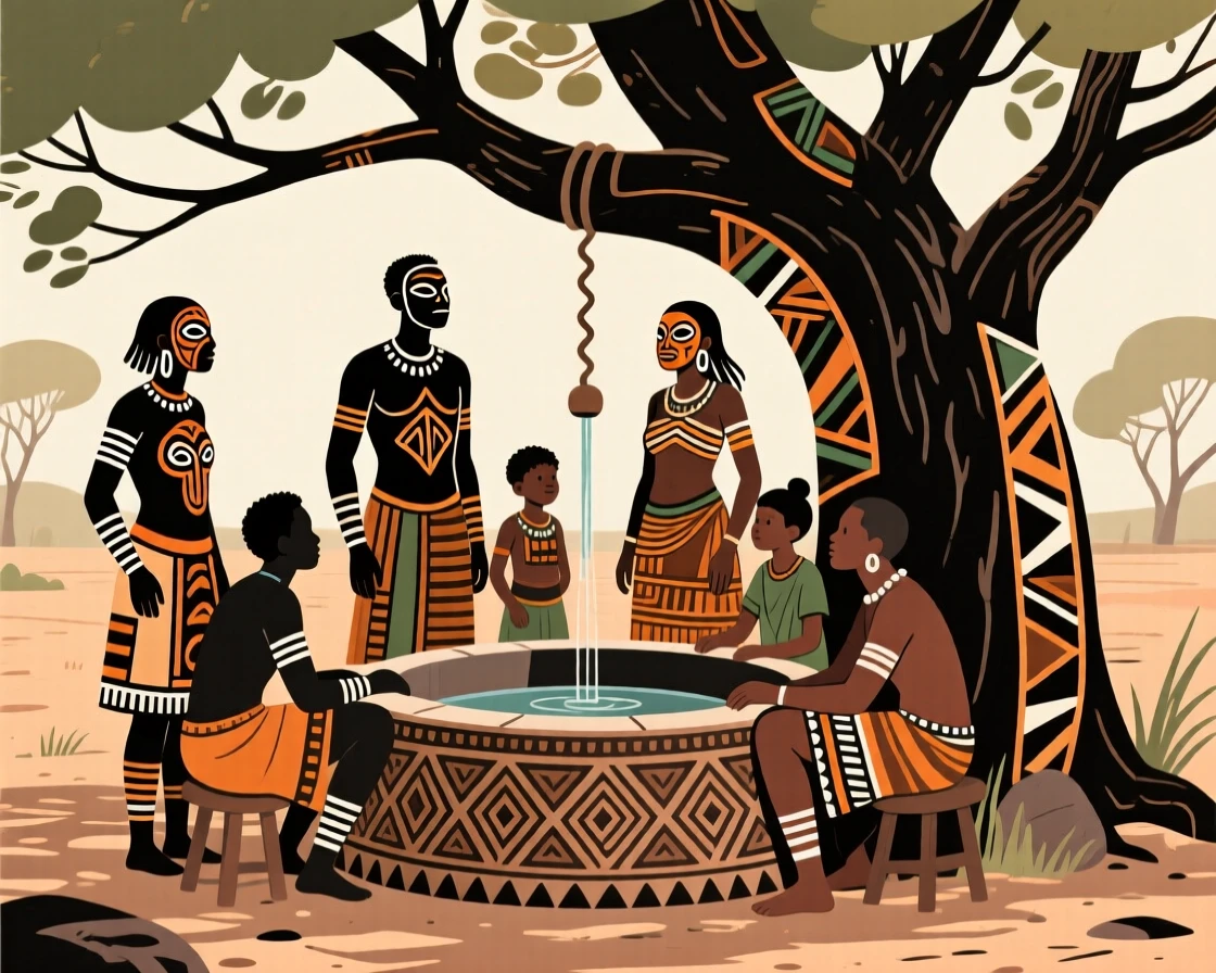 A group gathering under a tree to escape the midday heat beside a communal well.