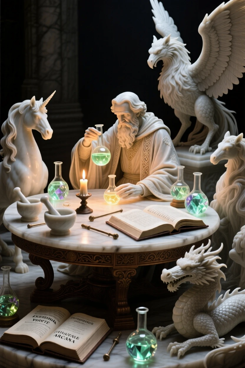 An epic scene of an alchemist mixing glowing potions by candlelight, with mythical creatures gathered nearby, evoking myth and grandeur