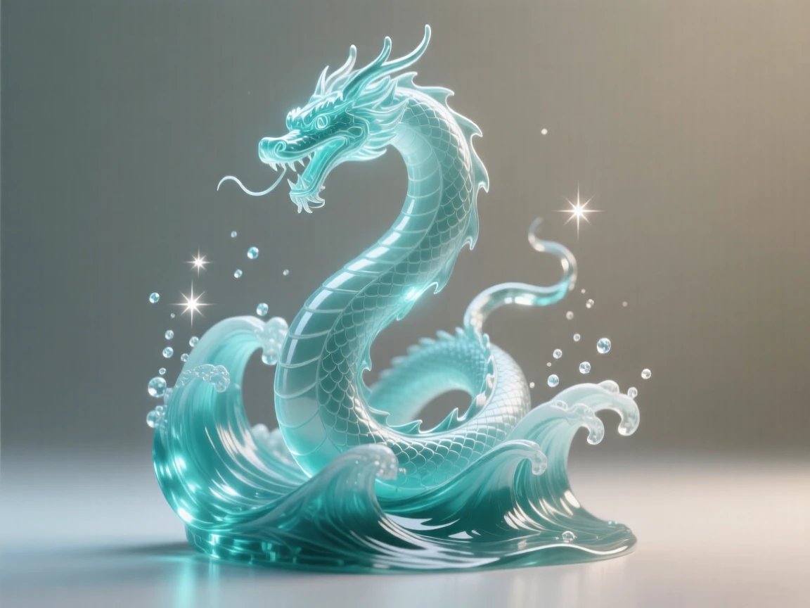 A sea serpent rising from turquoise waves, bathed in soft magical light with drifting sparkles in the air, epic and awe-inspiring composition, evoking wonder and adventure.