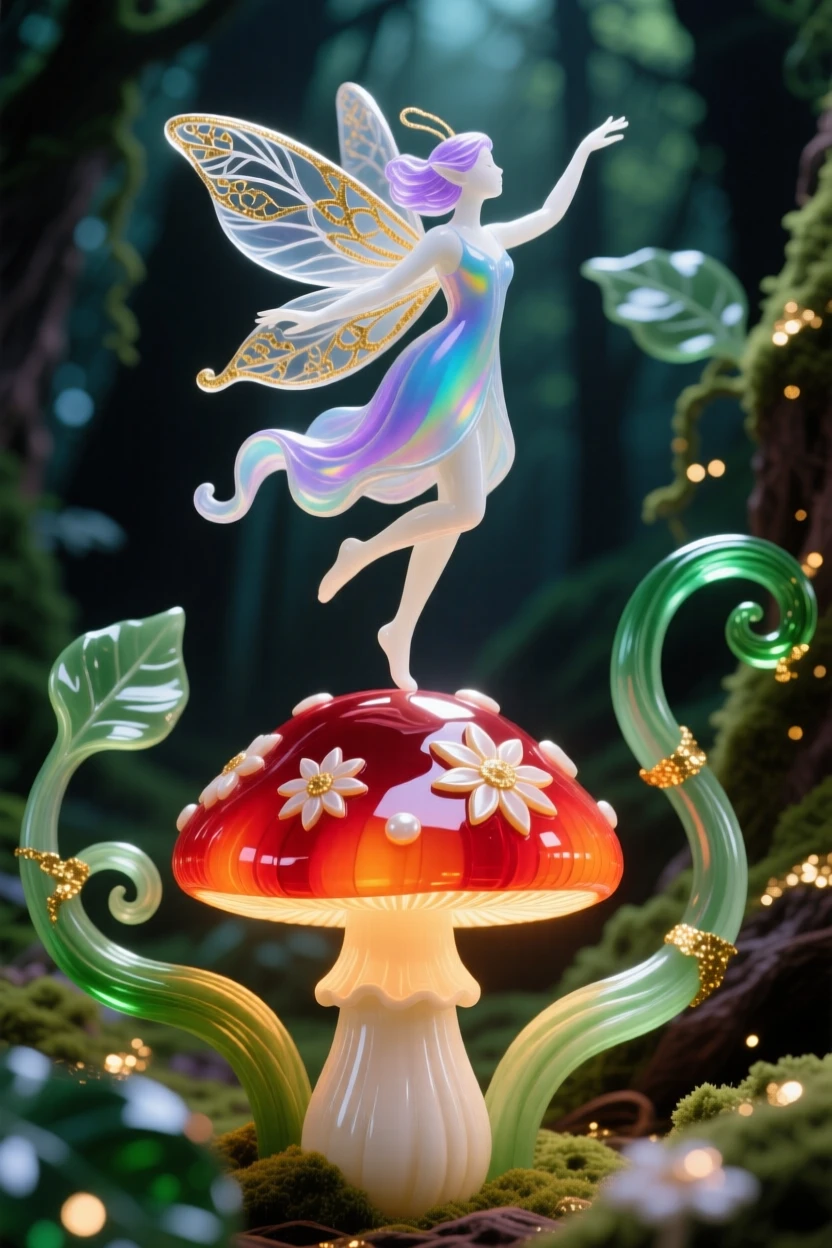 A fairy dancing atop a glowing mushroom ring deep in an enchanted forest, whimsical and magical.