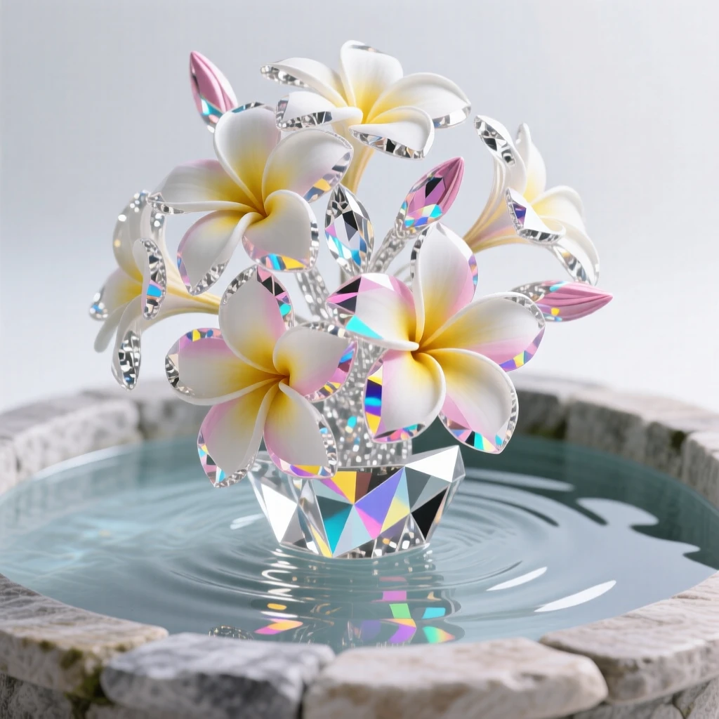 A cluster of frangipani blossoms floating in a stone garden fountain.