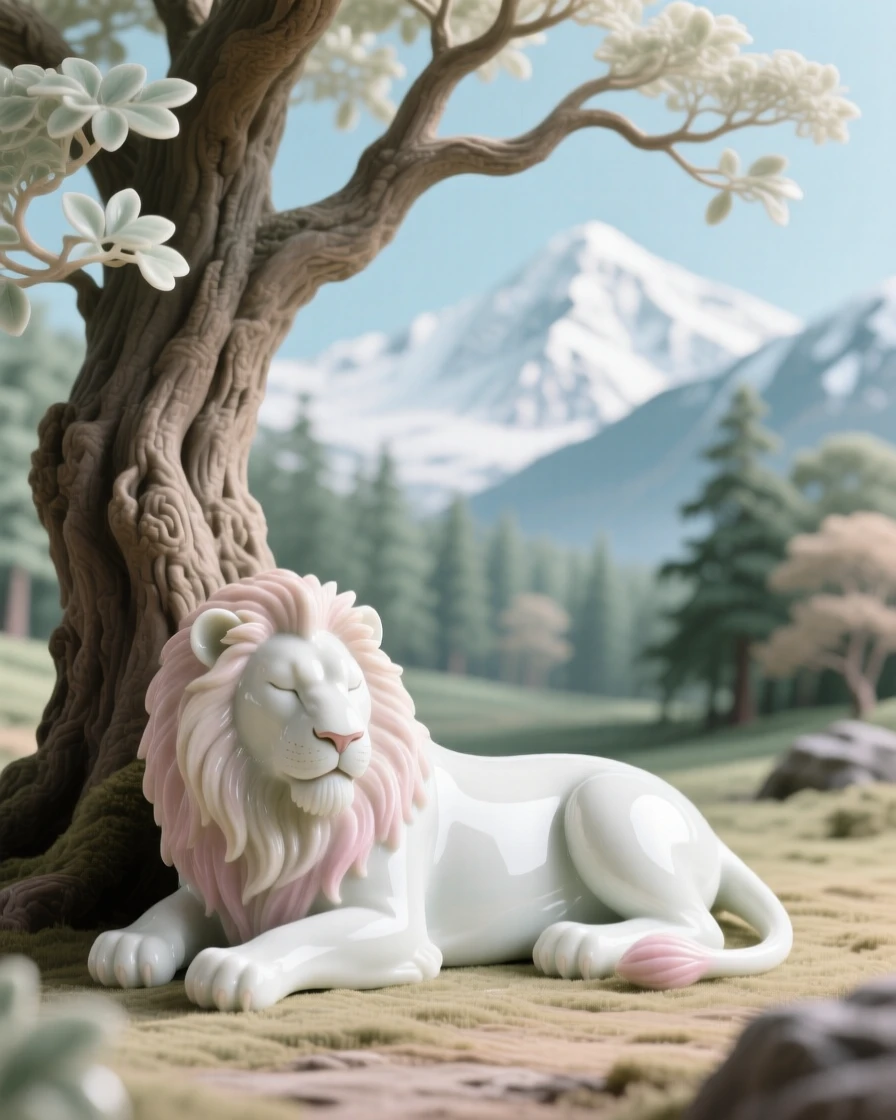 A gentle lion resting beneath a great old tree in an ancient forest clearing, framed by distant snow-capped peaks.