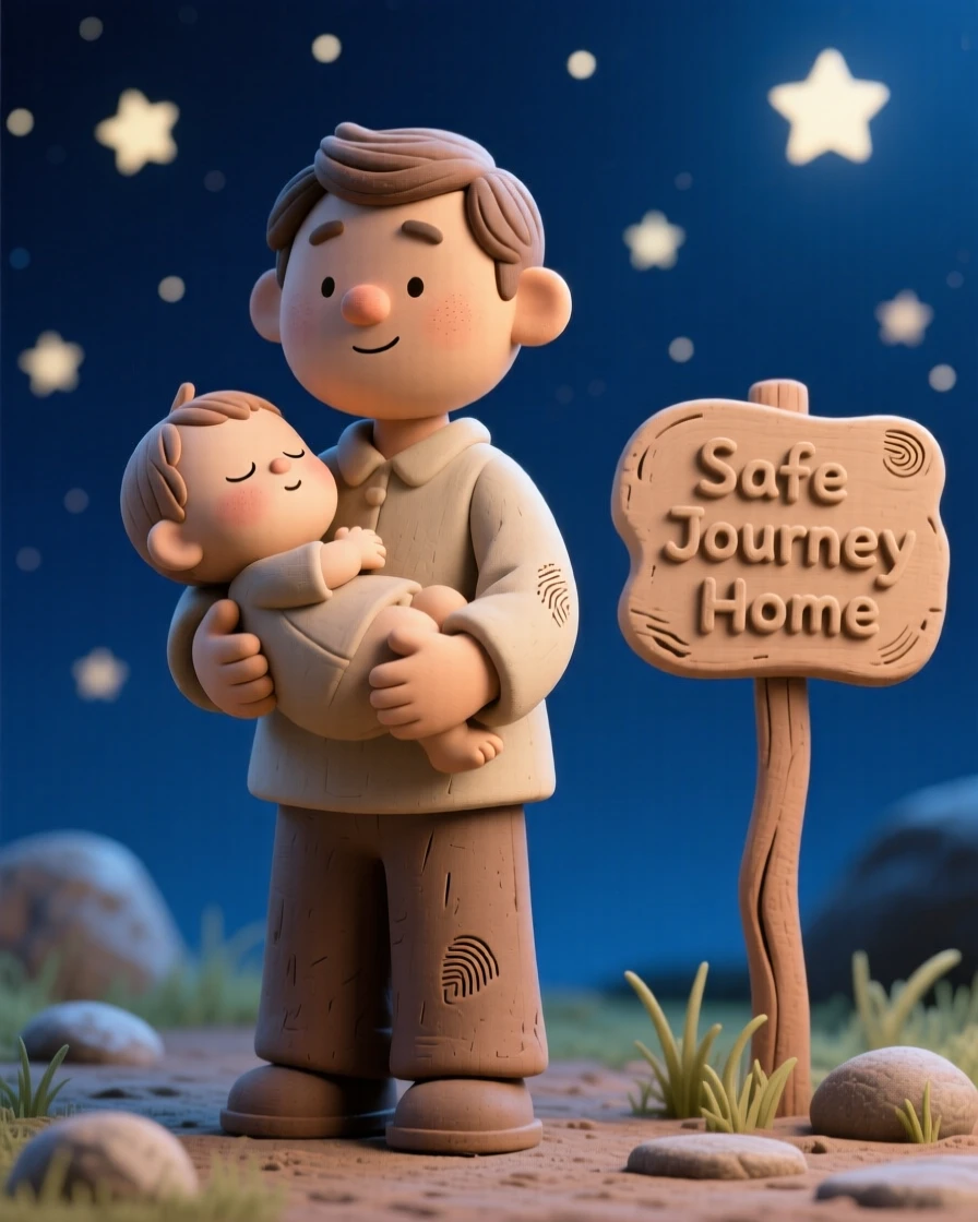 A father carrying his sleeping child home under starlight