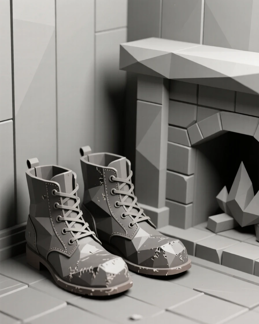 A pair of worn leather boots by a fireplace, in a cozy, sunlit corner. a shallow depth of field isolates the main object. It evokes a feeling of gentle nostalgia.