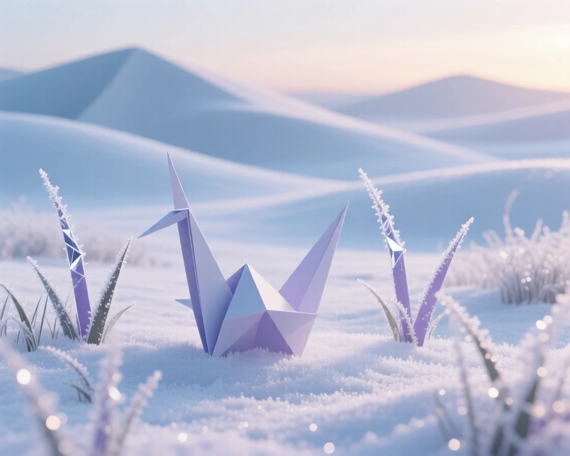 A tranquil snow-covered meadow at dawn, frost sparkling on every blade of grass.