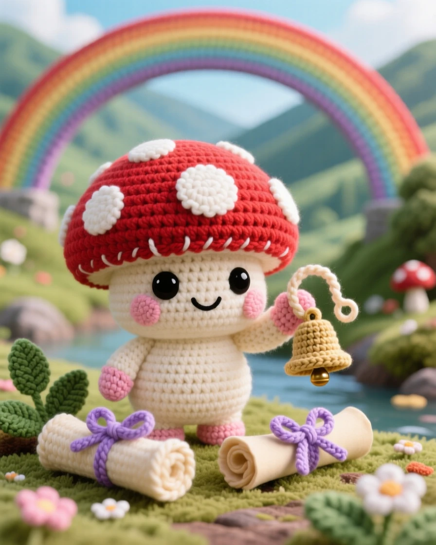 In a rainbow bridge arching over a quiet valley, a tiny garden toadstool sprite with a spotted cap for a body is captured ringing a tiny bell to call woodland friends, surrounded by a tiny scroll tied with a ribbon, filled with playful whimsy and lighthearted charm.