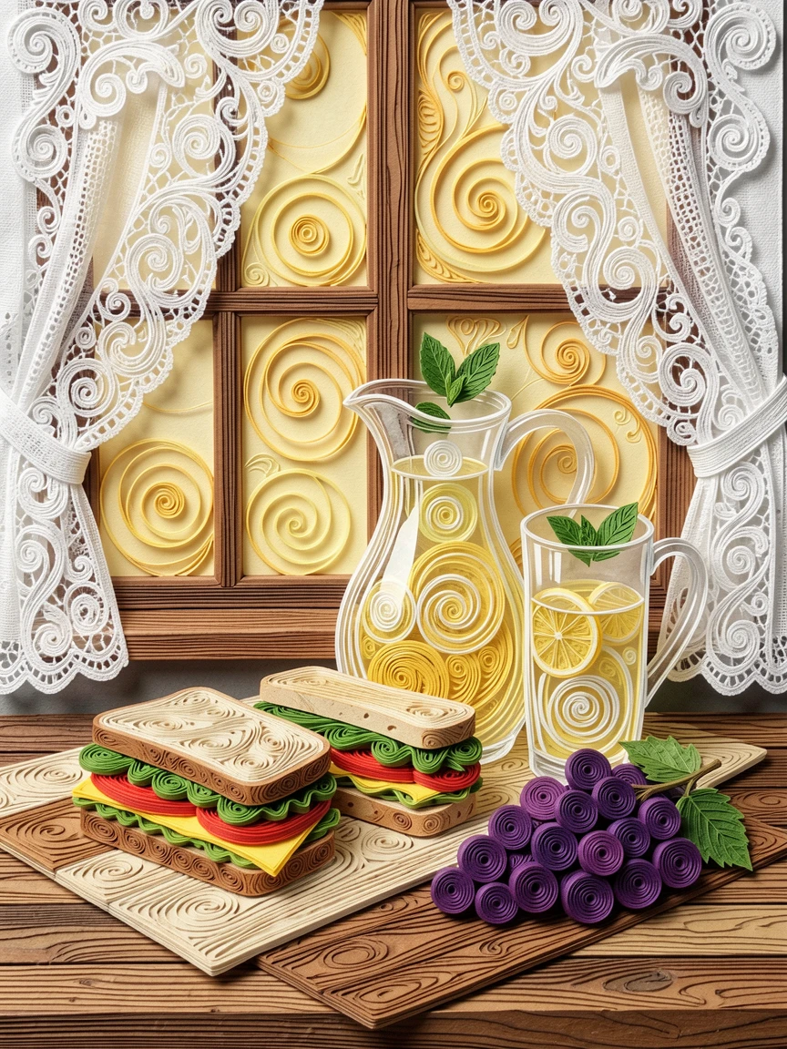 A cozy still life of a picnic spread of sandwiches, grapes, and lemonade beside a sunlit kitchen window, with soft golden light highlighting every texture, arranged with rustic textures adding warmth.