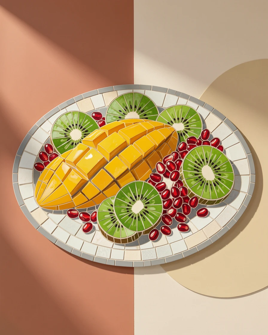A vibrant fruit platter with mango, kiwi, and pomegranate arranged artfully, styled beautifully with warm natural window light.