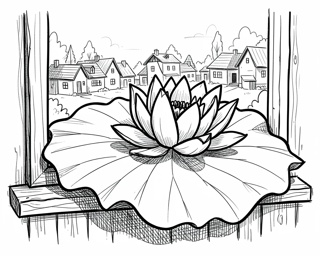 A giant water lily pad with a flower on a windowsill overlooking a village.