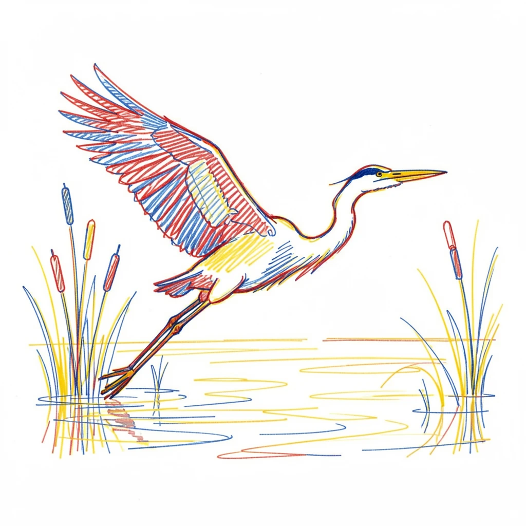 A majestic heron taking flight from a wetland at golden hour