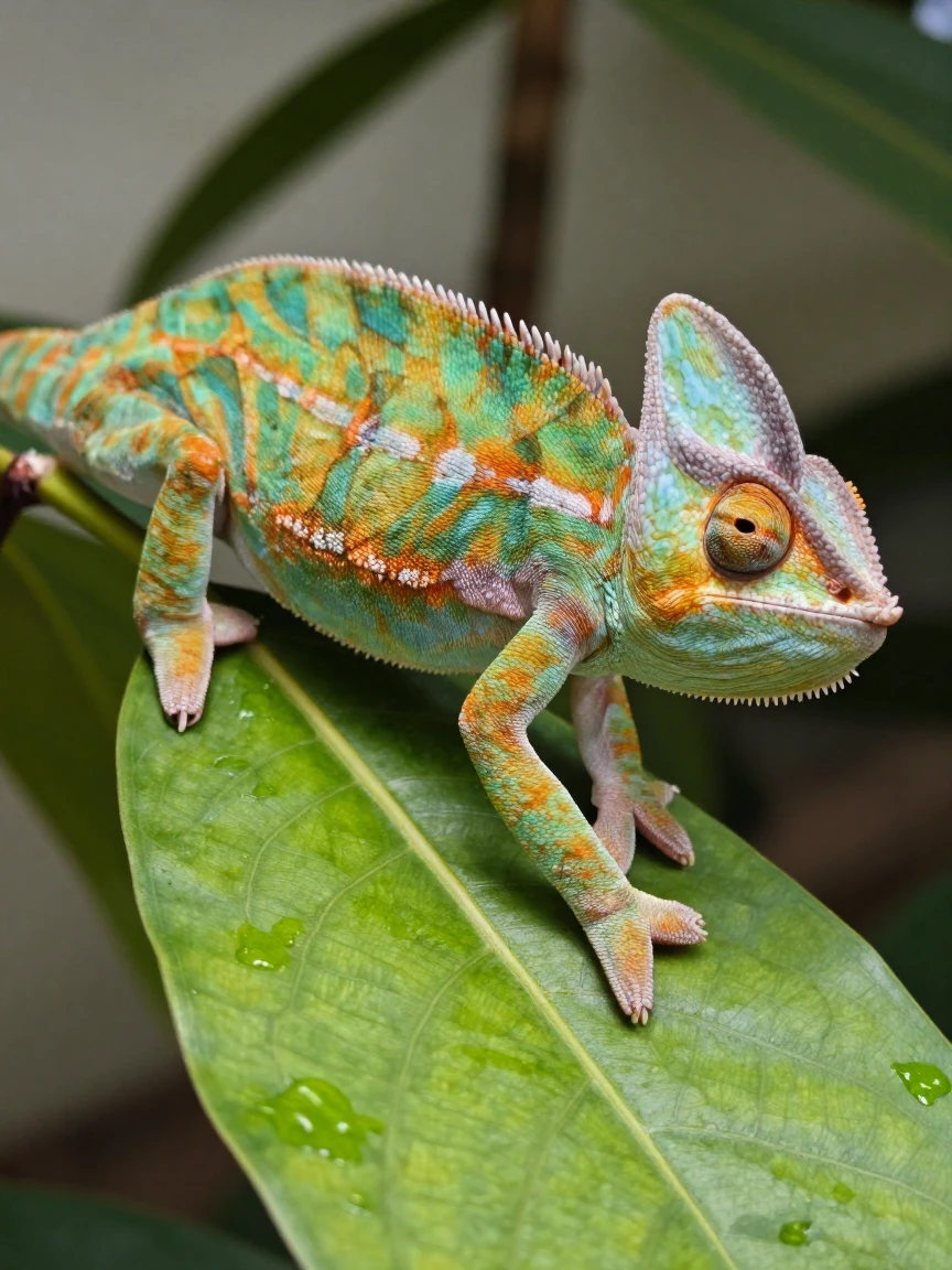A chameleon changing color on a green leaf