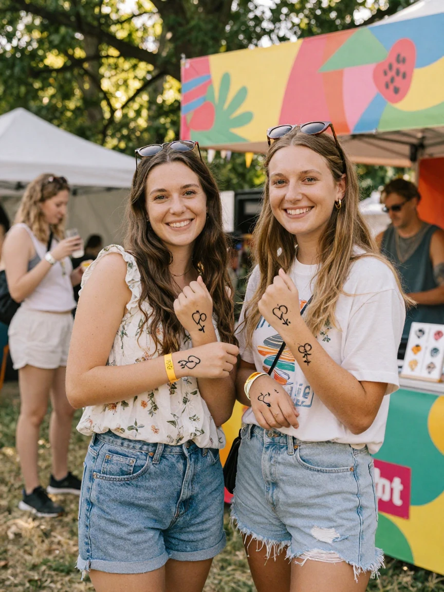 Two best friends get matching temporary tattoos at a summer festival booth, comparing wrists afterward.