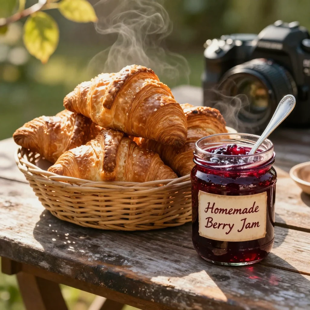 A basket of warm croissants beside a jar of berry jam, ready to be shared, on a rustic outdoor table