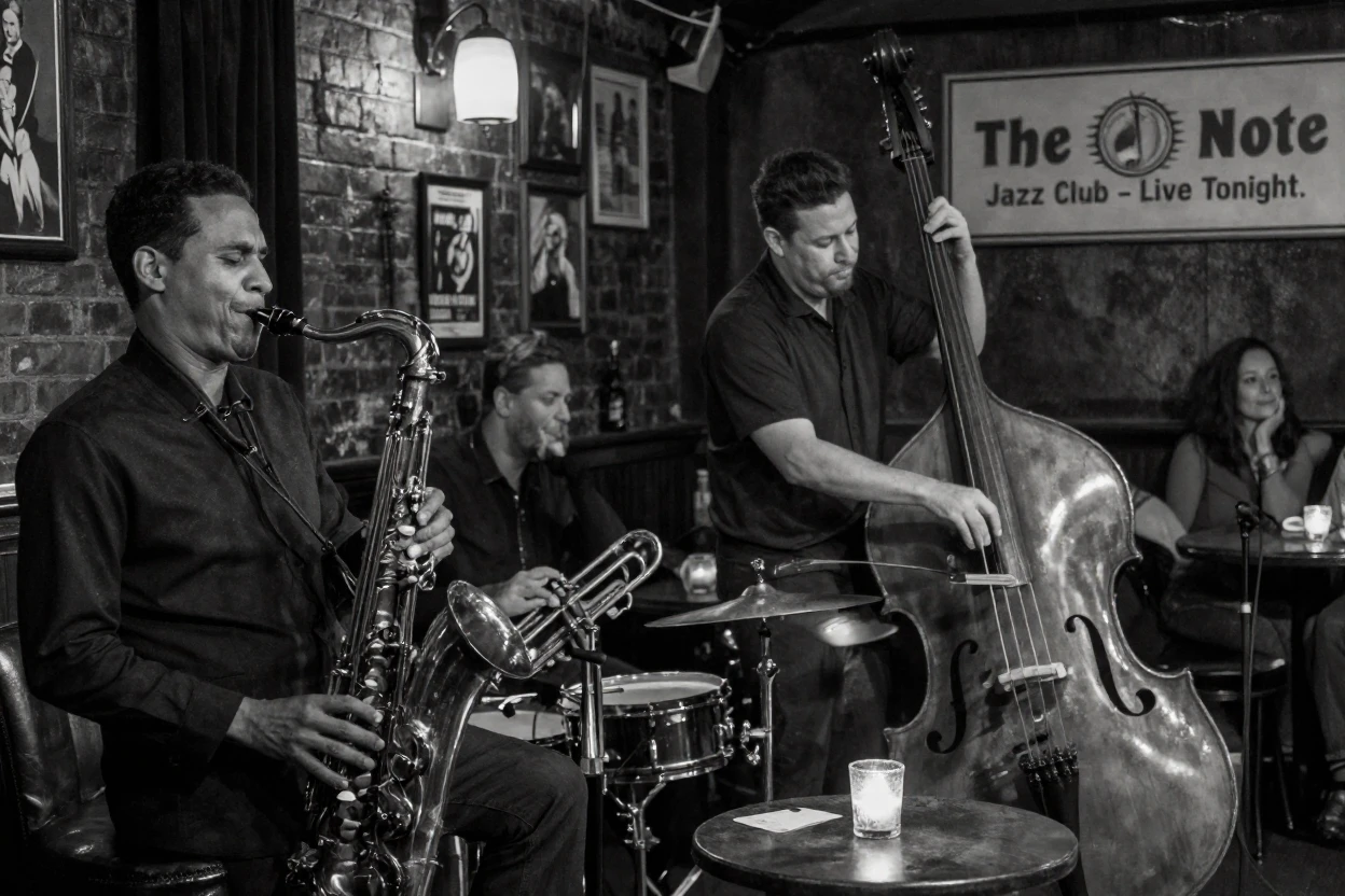 A jazz quartet improvises a soulful melody in a dimly lit jazz club.