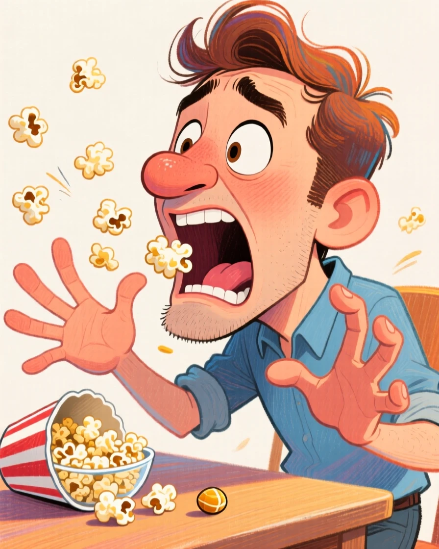 A man attempting to catch popcorn in his mouth and clearly missing.
