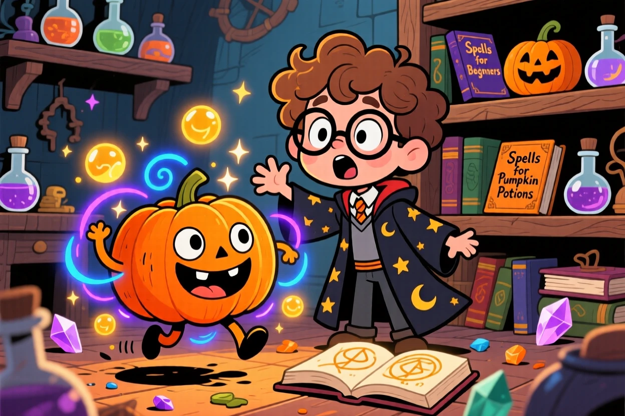 An imaginative fantasy scene of a wizard's apprentice accidentally turning a pumpkin into a bouncing, giggling creature.