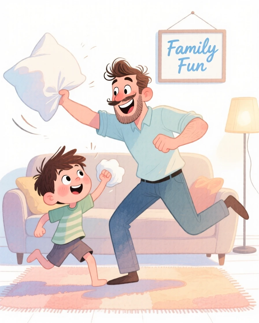 A father and son having a pillow fight in a cozy living room