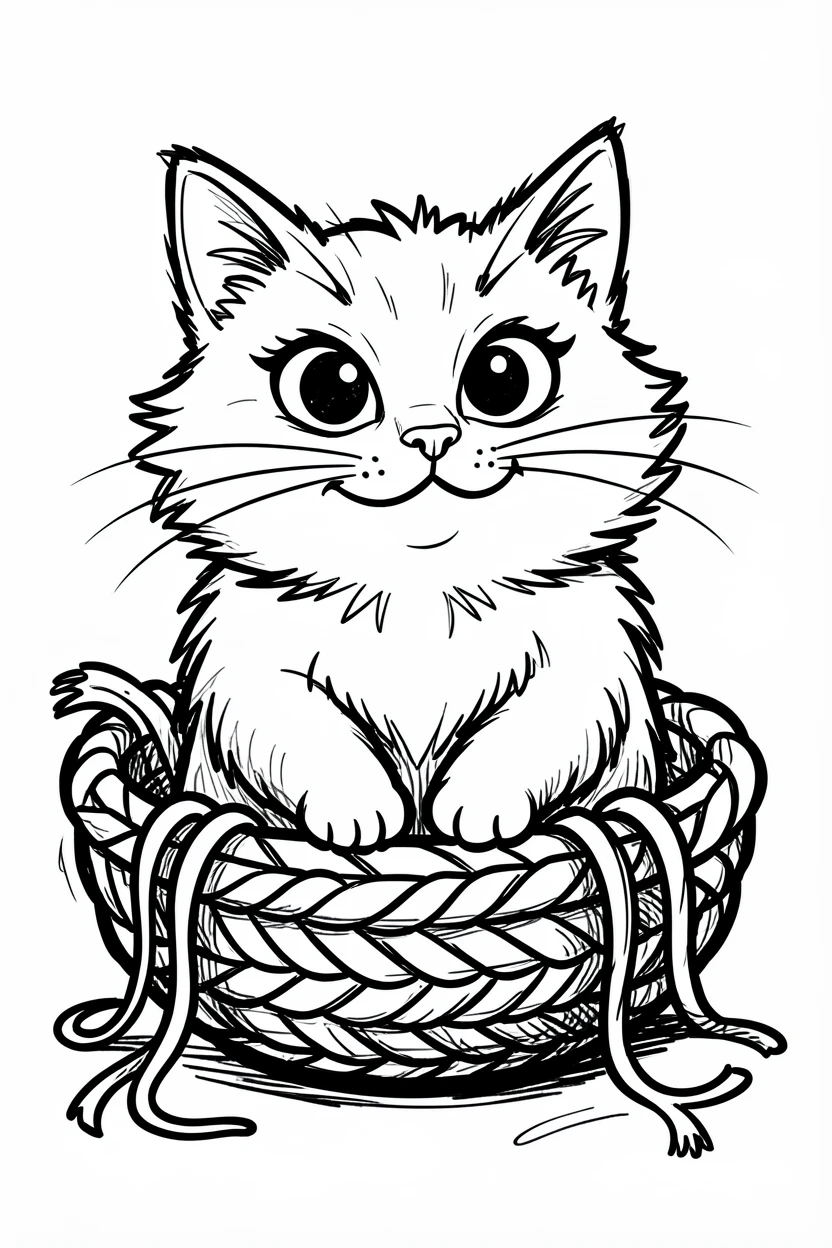 [Cute Animals & Pets] Adorable scene of a fluffy cat sitting inside a knitted yarn bowl, bursting with charm and playful energy