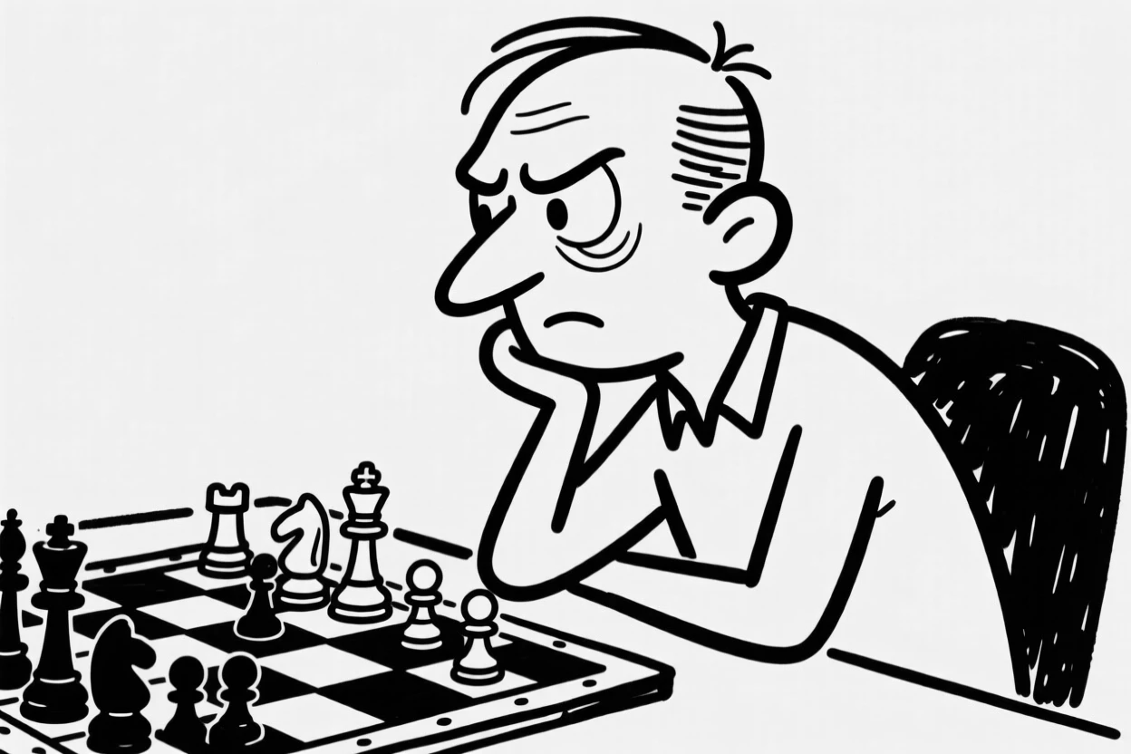 A chess player deep in thought, chin resting on hand over a half-finished game.