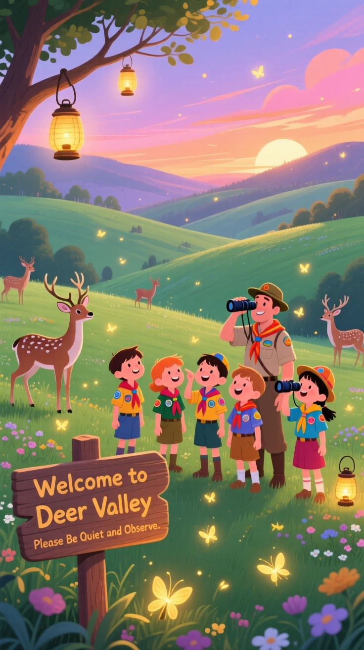 An adventurous scout troop spends the day spotting deer at the edge of a clearing through a rolling green valley, as fireflies begin to appear at dusk.