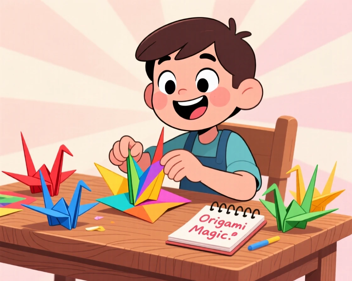 An origami artist folding a paper crane on a wooden desk.