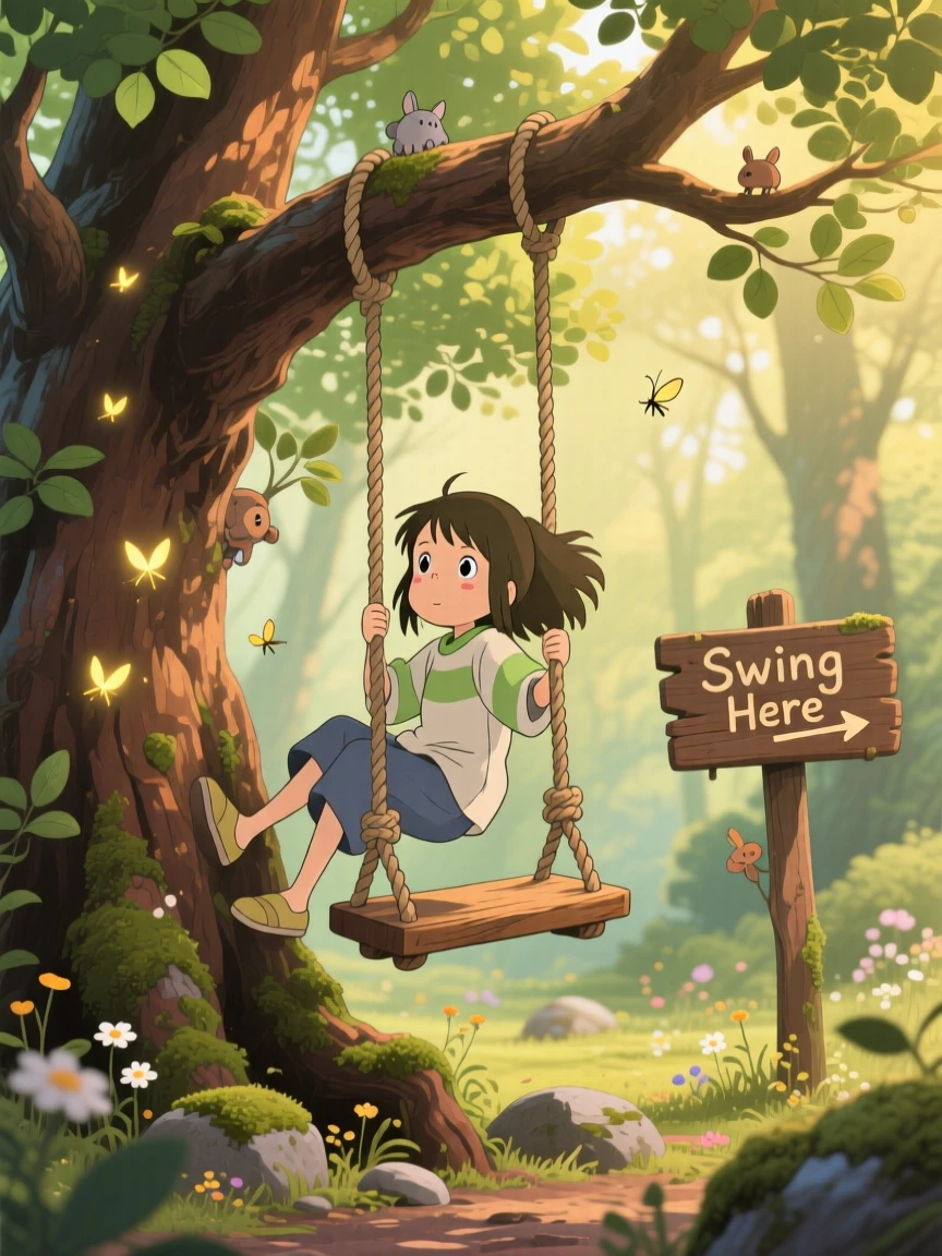 A girl climbing a tree to reach a rope swing, the moment bright with youthful wonder.
