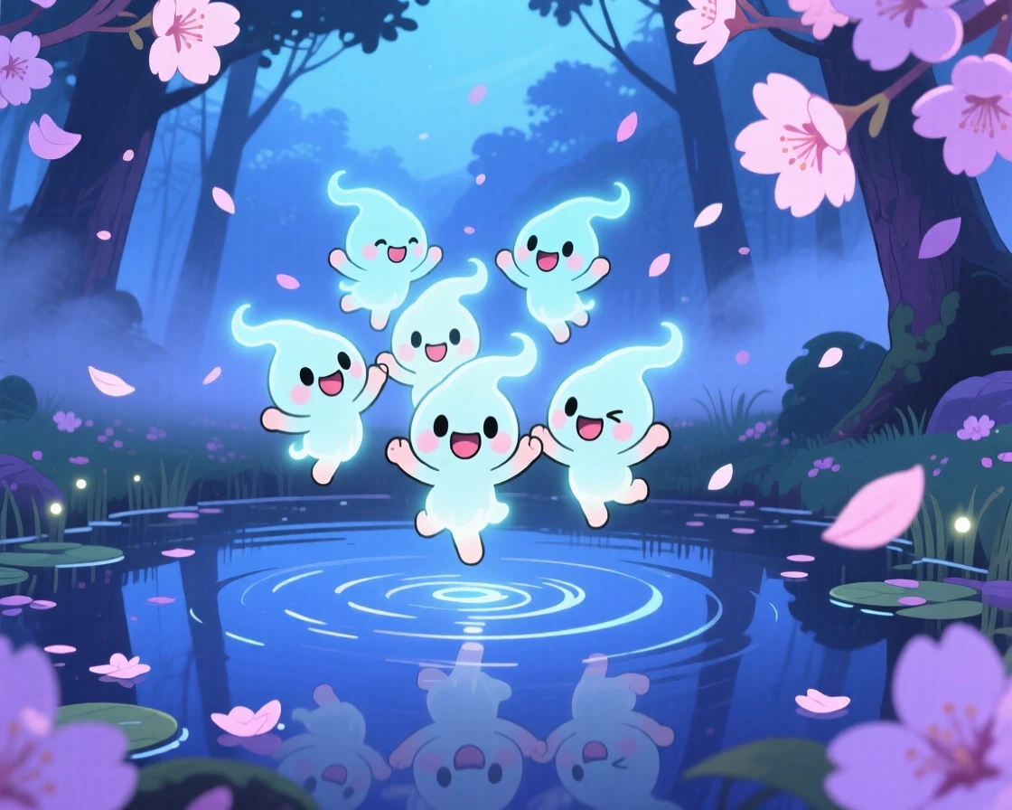 A cluster of tiny glowing wisps dancing above a still forest pond, framed as a low-angle shot looking up within a mist-covered enchanted swamp, as cherry blossom petals drift on the breeze, glowing under cool blue twilight glow, evoking giggling amusement.