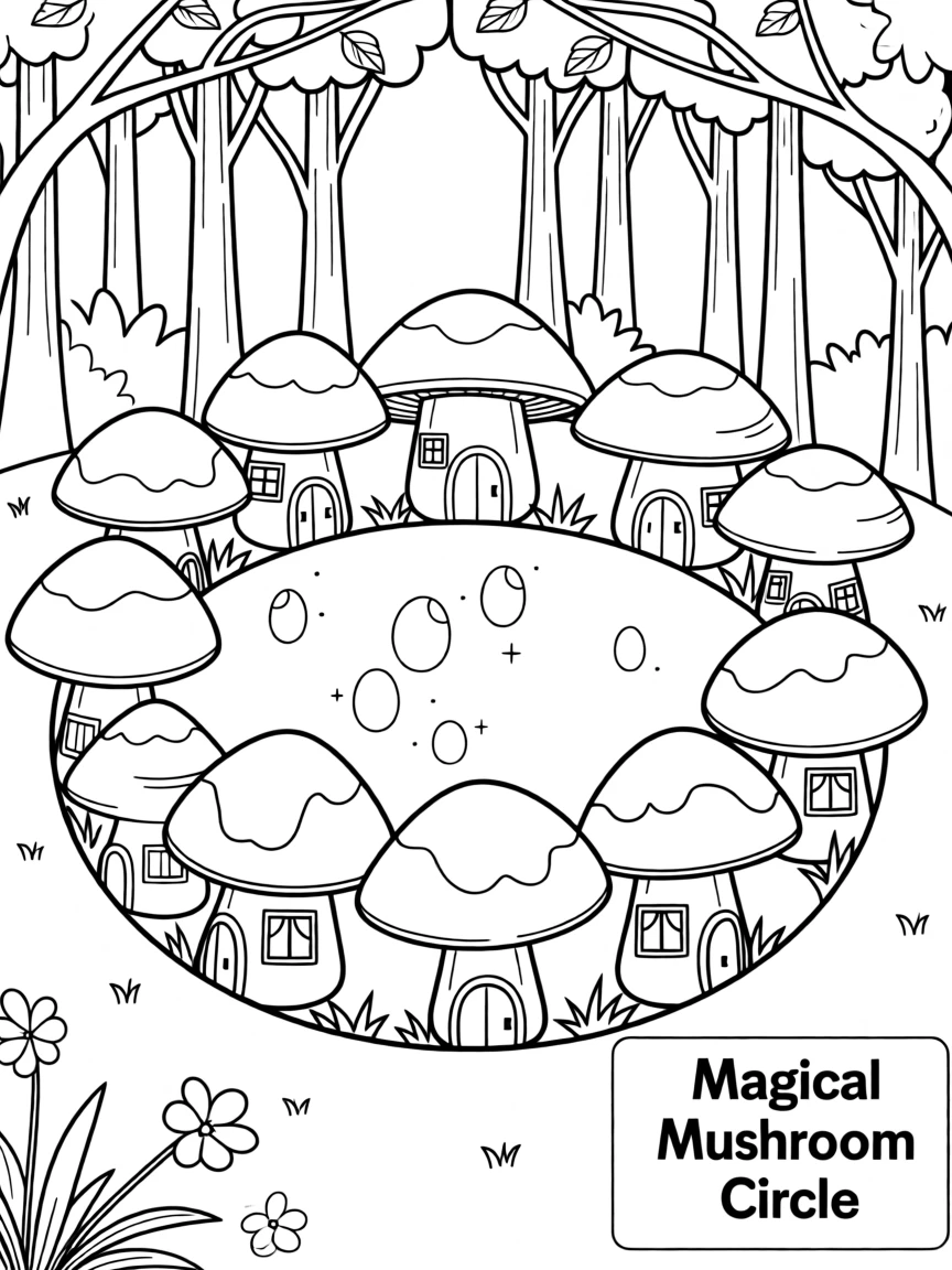 A cozy mushroom circle glowing softly in a forest clearing