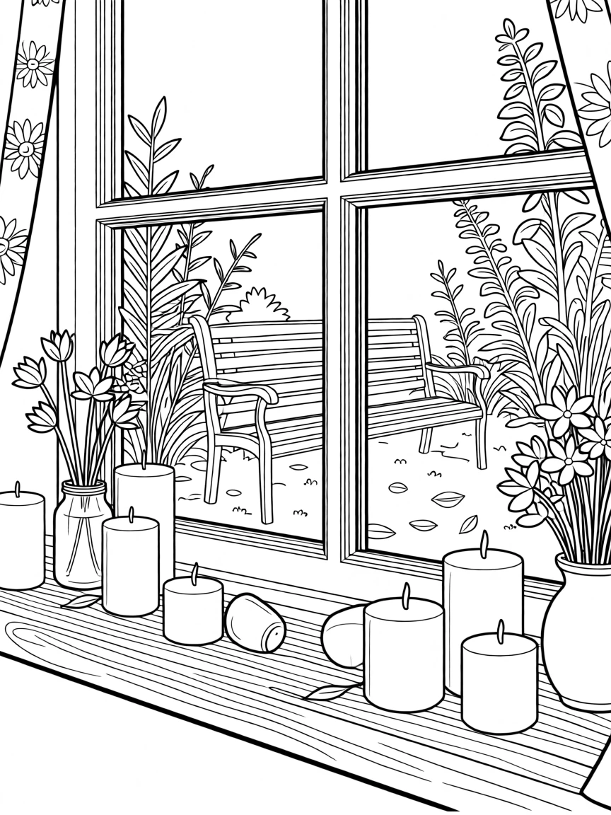 A windowsill lined with candles and dried flowers, with a garden bench softly visible in the background.