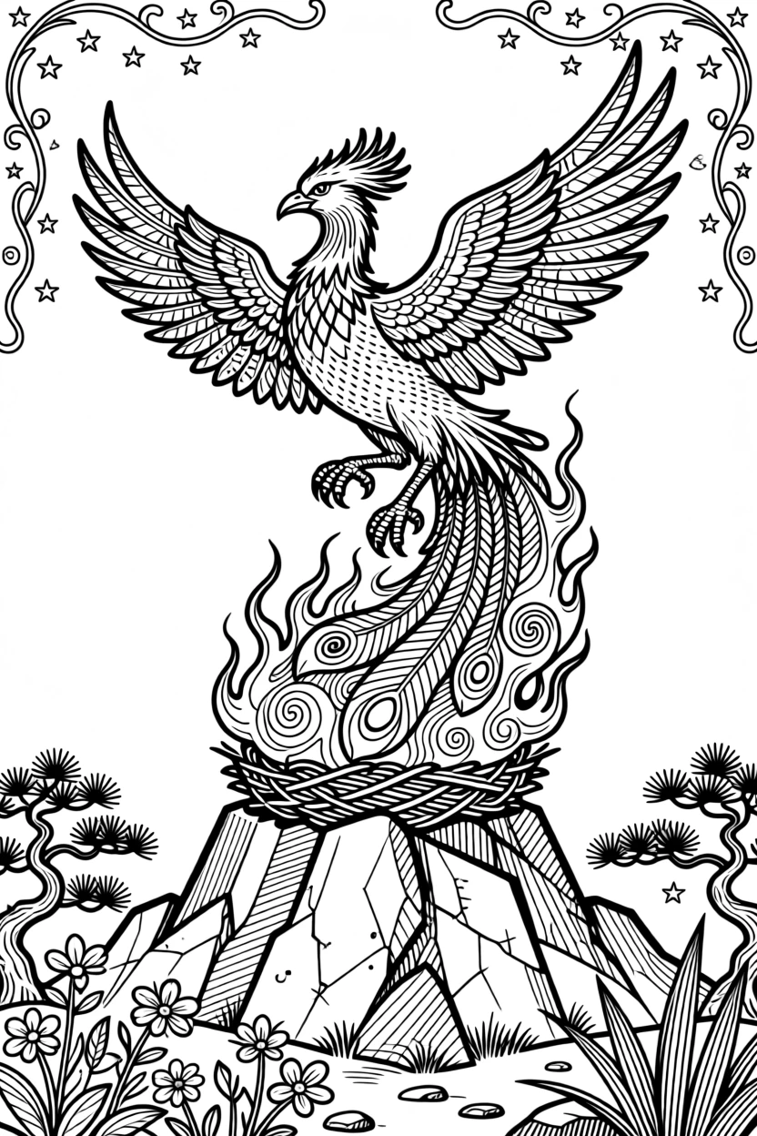 A phoenix rising from a nest of flames atop a mountain.