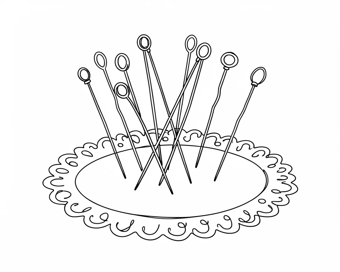 A collection of vintage hatpins arranged on a lace doily
