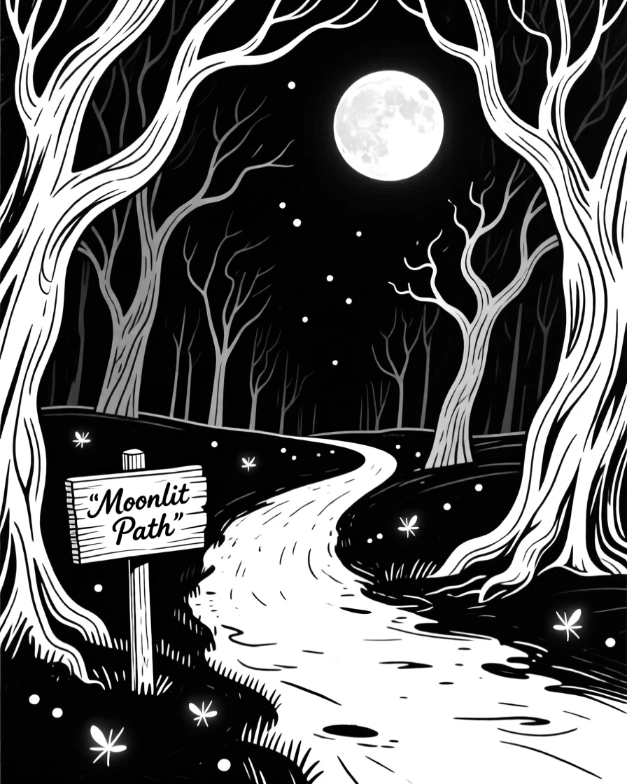 A moonlit forest path lined with glowing fireflies.