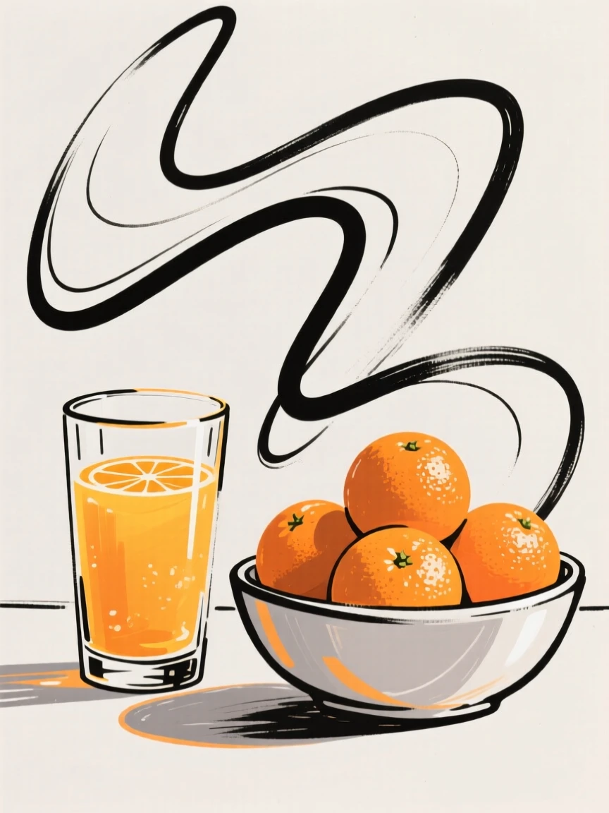 A glass of freshly squeezed orange juice beside a bowl of oranges.