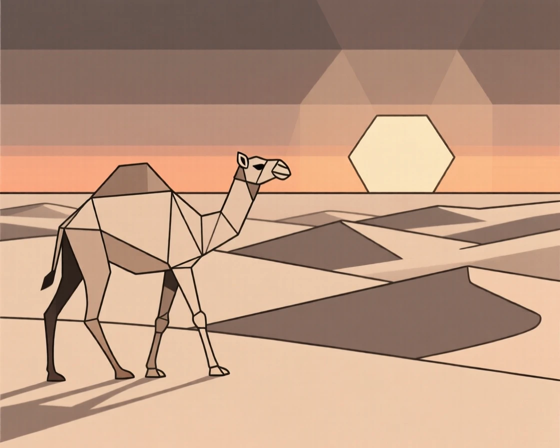 A camel crossing sand dunes at sunset