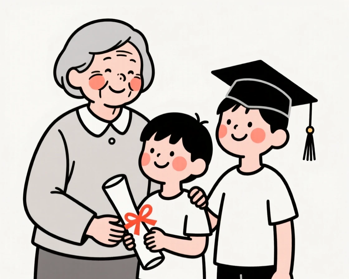 A grandmother and grandchildren celebrating a graduation.