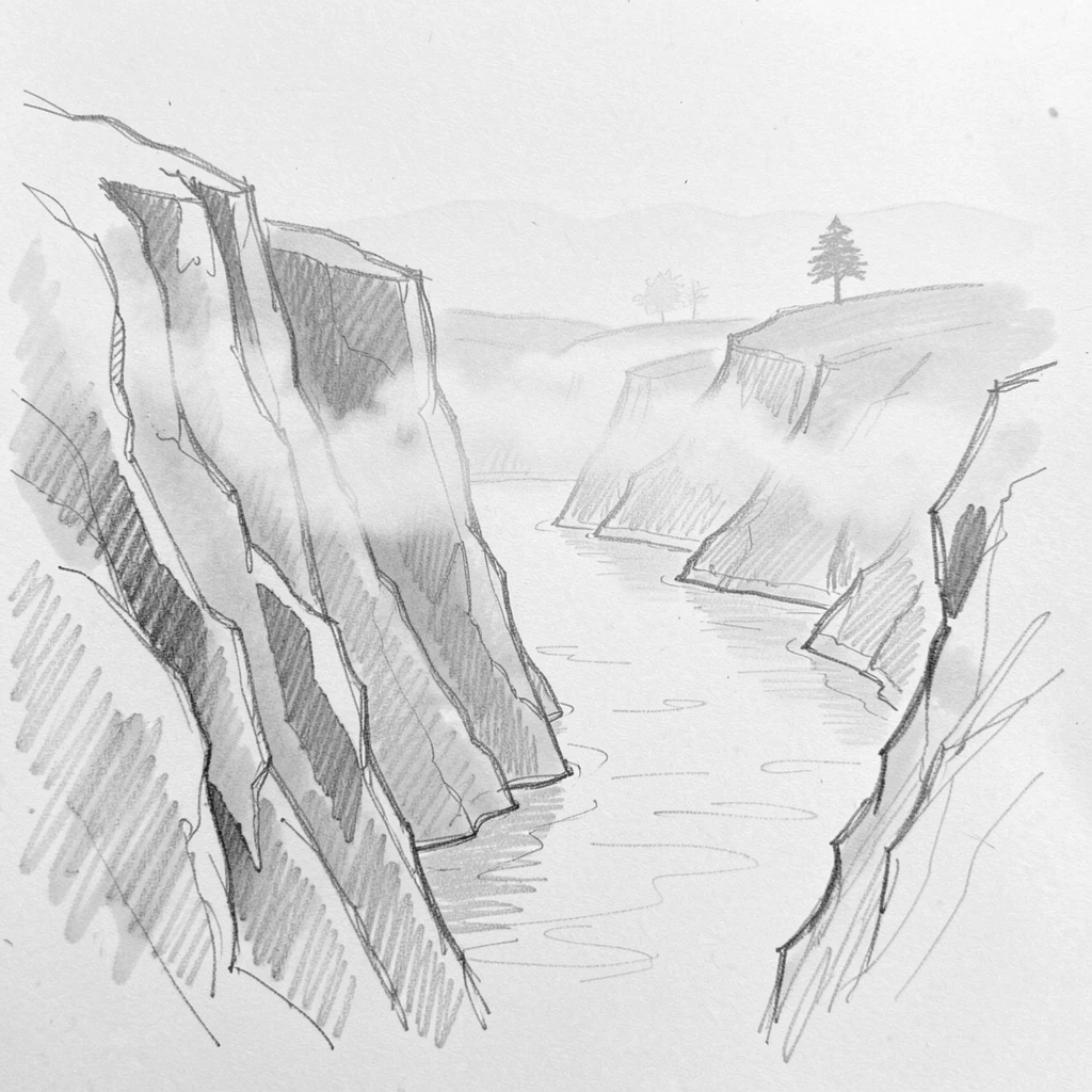 Sweeping landscape of a fjord surrounded by steep cliffs shrouded in gentle fog, with a lone tree silhouetted on the horizon.