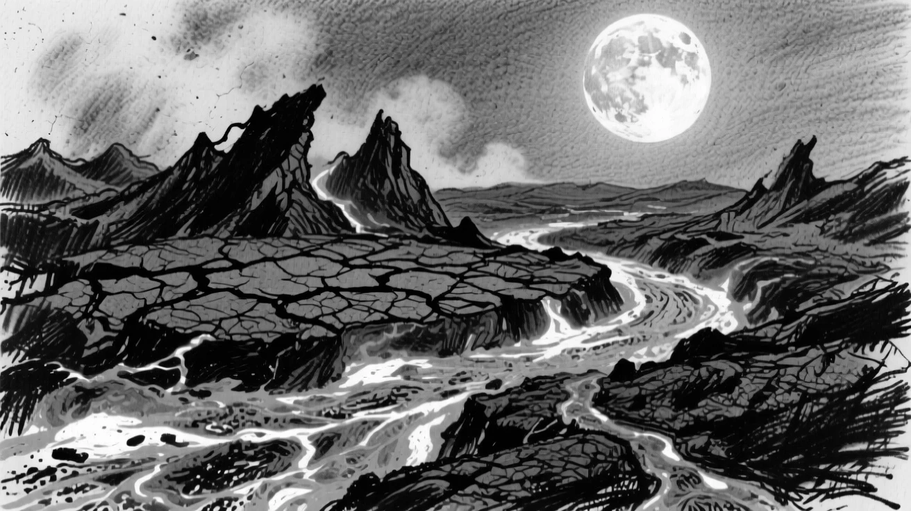 A glowing lava field under the soft glow of the moon.
