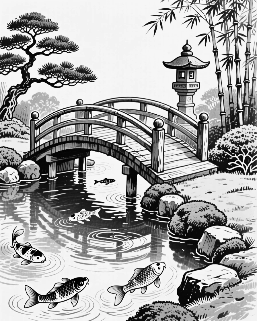 A tranquil Japanese garden with a curved wooden bridge over a koi pond.