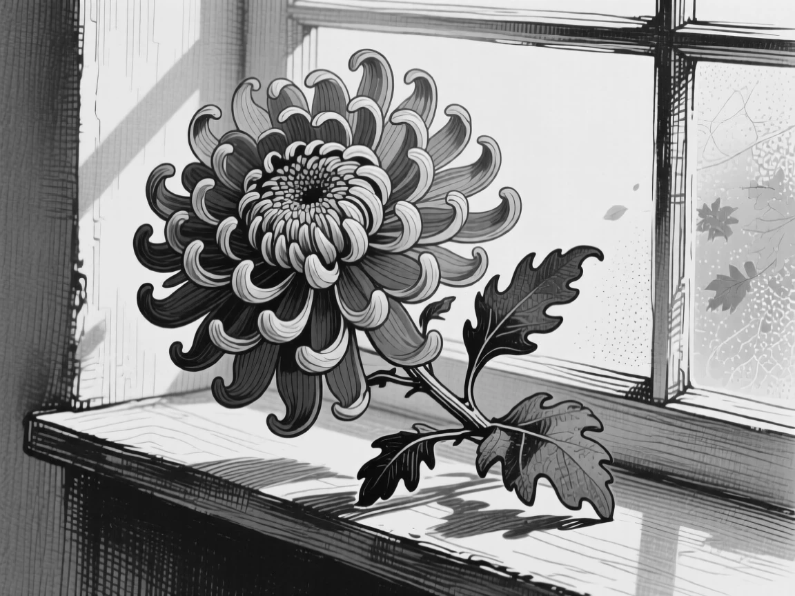 A chrysanthemum in autumn colors arranged on a windowsill in soft light, with soft shadows falling across the petals, composed in a delicate and romantic still-life arrangement.