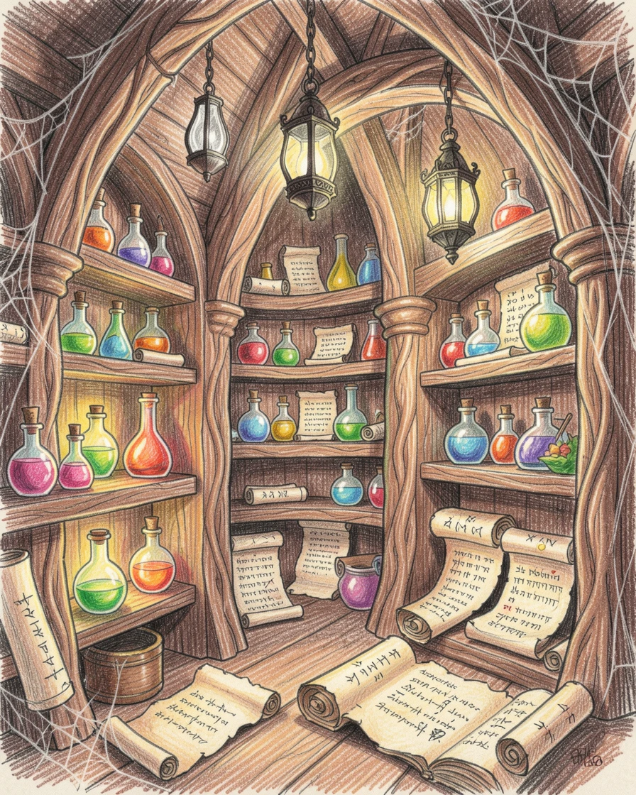 A wizard's tower filled with glowing potions and ancient scrolls, with intricate, whimsical details throughout the scene, full of mystery, beauty, and imaginative charm.